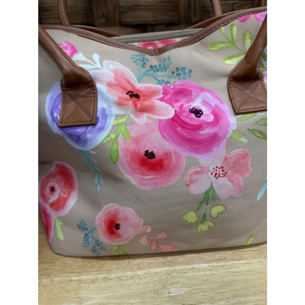 Tupperware Pink & Purple Floral Beige Tote with Brown Handles - Picture 3 of 5